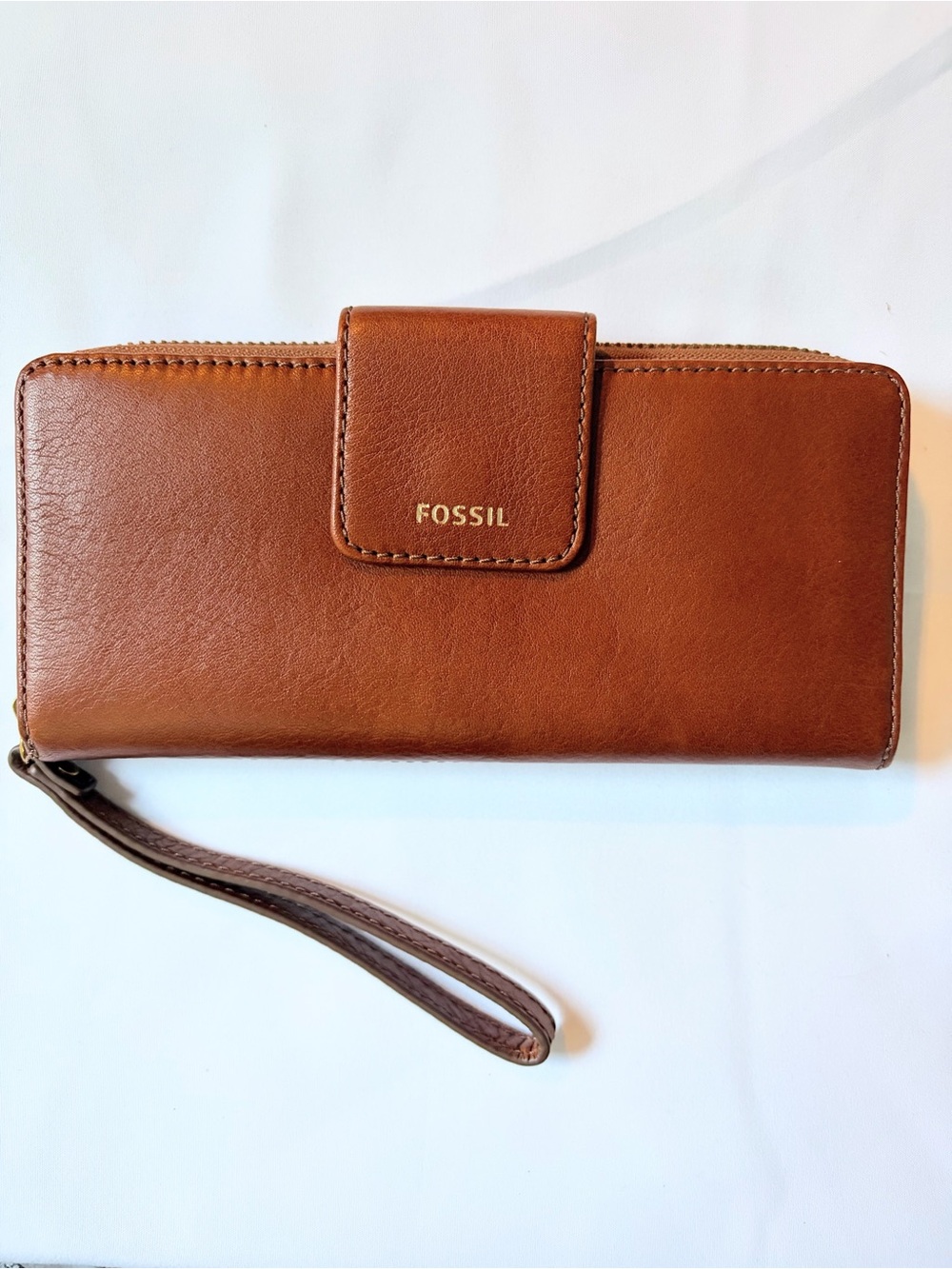 Fossil Madison Leather Zip Clutch Wristlet Wallet Brown
